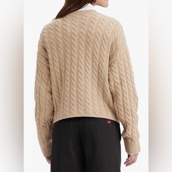 LEVI’S WOMENS RAE CABLE KNIT V NECK CROPPED WOOL SWEATER BEIGE SZ L NWT - Picture 3 of 12